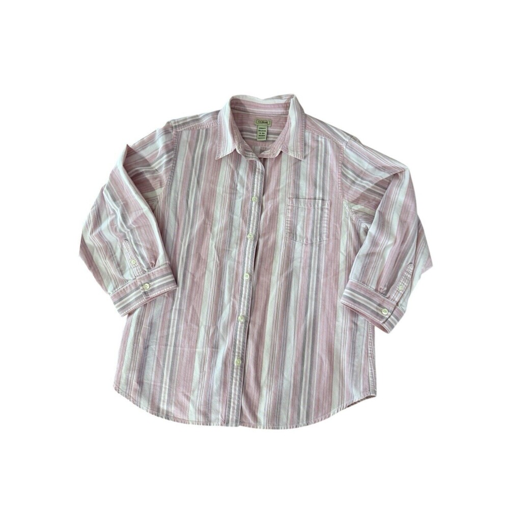 LL Bean Women XL Stripe 3/4 Cotton Retro Utility Pink Outdoor Blouse Preppy